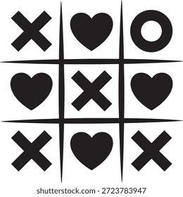 Tic Tac Toe Game Grid verfügt über x, o und Herz-Symbole auf weißem Hintergrund, die eine lustige und spielerische Wendung auf einem klassischen Strategiespiel darstellen.