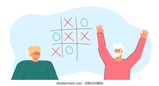 Tic tac toe game of happy elderly couple. Two people playing fun game of noughts and crosses flat vector illustration. Competition, family time concept for banner, website design or landing web page