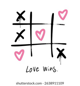 Tic tac toe game hearts. Black and pink vector illustration. Love wins phrase on a white background. Hand lettering. For tee t-shirt or sweatshirt. Happy Valentine's Day