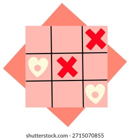 Tic tac Toe Spiel mit Herzen und Kreuzen. Nettes romantisches Brettspielkonzept für den Valentinstag, Liebesthemen, Kinderaktivitäten und verspielte Designprojekte.