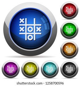 Tic tac toe game icons in round glossy buttons with steel frames