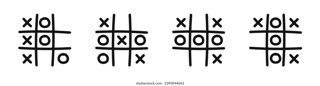 Tic tac toe game illustration. Doodle tic tac toe templates. Tic tac toe game icons set.