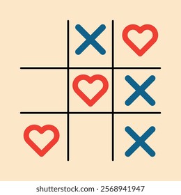 Tic tac toe game. Illustration of tic tac toe game with hearts,  cross . Valentine's day background.