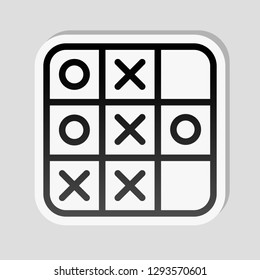 Tic tac toe game, linear outline icon. Sticker style with white border and simple shadow on gray background