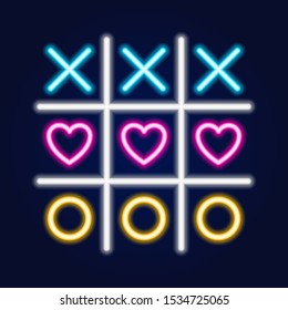Tic tac toe game, linear outline icon. Neon style. Light decoration icon
