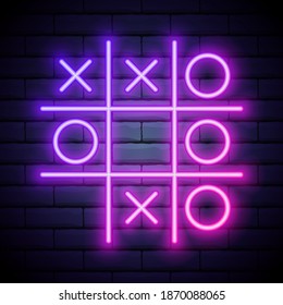 Tic tac toe game, linear outline icon. Colour neon style on brick wall background. Light icon.