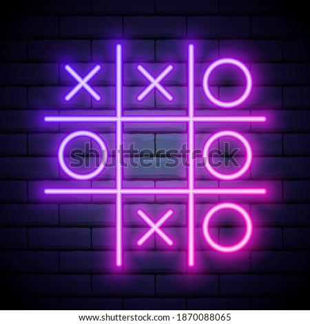 Tic tac toe game, linear outline icon. Colour neon style on brick wall background. Light icon. Stock photo © 