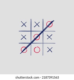 Tic Tac Toe Game Position. Kreuz und Kreise, klassische Papierschule spielen mit handgezeichneten Grunge-Elementen. Vektorstylische Kartendruckvorlage