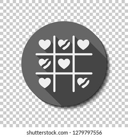 Tic tac toe game, love version with heart, valentine day icon. flat icon, long shadow, circle, transparent grid. Badge or sticker style