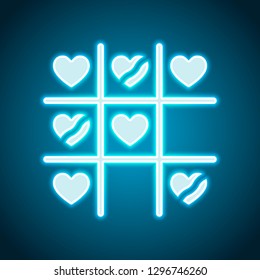 Tic tac toe game, love version with heart, valentine day icon. Neon style. Light decoration icon. Bright electric symbol