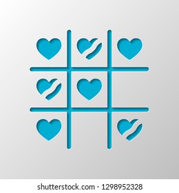 Tic tac toe game, love version with heart, valentine day icon. Paper design. Cutted symbol with shadow