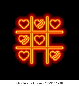 Tic tac toe game, love version with heart, valentine day icon. Orange neon style on black background. Light icon