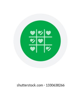 Tic tac toe game, love version with heart, valentine day icon. Icon in colored circle with gray bold border. Web button, modern flat design