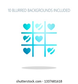Tic tac toe game, love version with heart, valentine day icon. Colorful logo concept with simple shadow on white. 10 different blurred backgrounds included
