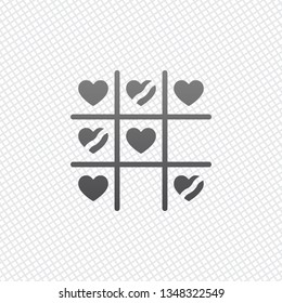 Tic tac toe game, love version with heart, valentine day icon. On grid background