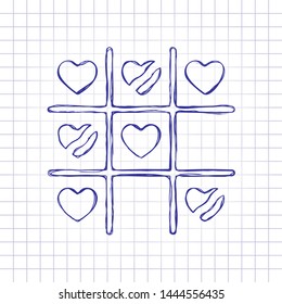 Tic tac toe game, love version with heart, valentine day icon. Hand drawn picture on paper sheet. Blue ink, outline sketch style. Doodle on checkered background