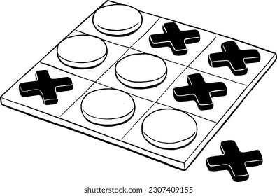 Tic Tac Toe Game, Naughts and Crosses Drawing Illustration Sketch 3D