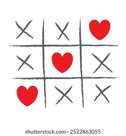 Tic tac toe game paper cross red heart sign symbol. XOXO. Happy Valentines day. Love card. Hand drawn doodle. Childish style. Love wins. Flat design. White background. Isolated. Vector illustration