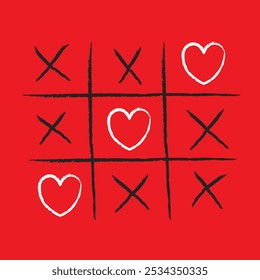 Tic tac toe game paper cross white heart sign symbol. XOXO. Happy Valentines day. Love card. Hand drawn doodle. Childish style. Love wins. Flat design. Red background. Isolated. Vector illustration