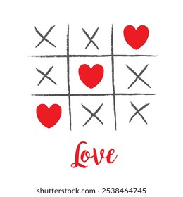 Tic tac toe game paper cross red heart sign symbol. XOXO. Love card. Happy Valentines day. Hand drawn doodle. Childish style. Love wins. Flat design. White background. Isolated. Vector illustration