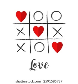 Tic tac toe game paper cross red heart sign symbol. XOXO. Love card. Happy Valentines day. Hand drawn doodle. Childish style. Love wins. Flat design. Isolated. White background. Vector illustration