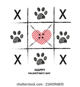 Tic tac toe game with paw prints with pink plaid heart background. Happy Valentine's day greeting card