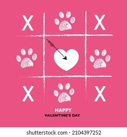 Tic tac toe game con paw imprime fondo rosado. Feliz tarjeta de felicitación de San Valentín