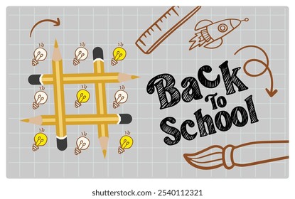 Tic tac toe game with pencil and light bulb. School equipment scribbles on paper. Back To School concept. Flat vector illustration.