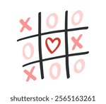 Tic tac toe game with red heart. Love wins. XOXO lettering. Romantic symbol. Valentine