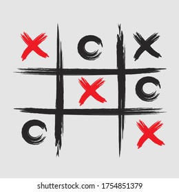 Tic Tac Toe Spiel mit rotem Kreuz und schwarzem Kreissymbol.  Grunge-Stil Art Design.