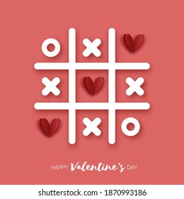 Tic Tac Toe game with Red hearts. Love Romantic holiday. Space for text. February 14.