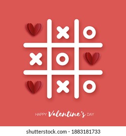 Tic Tac Toe game with Red hearts. Love Romantic holiday. Space for text. February 14.