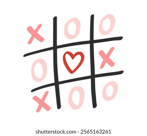 Tic tac toe game with red heart. Love wins. XOXO lettering. Romantic symbol. Valentine's day element. Flat Vector illustration isolated on white background 