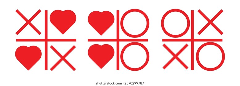 Tic tac toe game with red hearts, hand drawn flat vector illustration isolated on white background. Concepts of love and Valentines day. Tic tac toe. Eps 10.