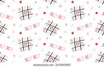 Tic tac toe game with red heart seamless pattern. Love wins. XOXO lettering. Romantic symbol. Valentine's day background. Flat Vector illustration 