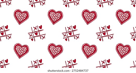Tic tac toe game with red lace heart seamless pattern. Love wins. Valentine's day background. Doodle Vector illustration