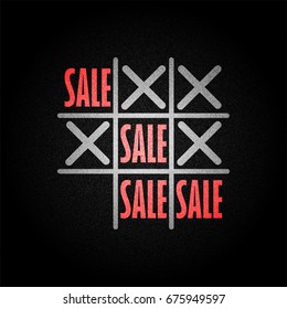 Tic tac toe game with red sale word on black background denim texture vector concept design illustration