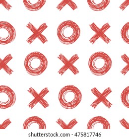 Tic tac toe game seamless pattern.Red elements on white background..