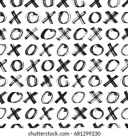 Tic Tac toe game seamless pattern. Vector abstract pattern with cross marks and circles. Hand painted background. Black elements on white background