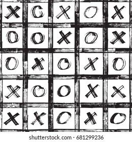 Tic Tac toe game seamless pattern. Vector abstract pattern with cross marks and circles. Hand painted background. Black elements on white background