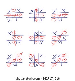Tic tac toe game set with hearts, hand-drawn vector icons