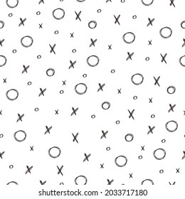 Tic tac toe game texture. Hand drawn seamless cross shapes pattern. Black elements on white background