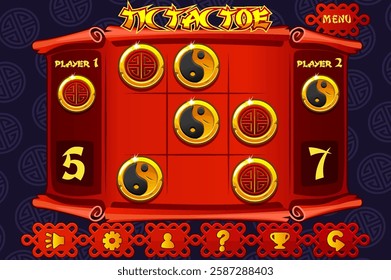 TIC TAC TOE game UI in Chinese themed. Chinese icons- yin yang and lucky coins. Board logic game for your game development UI. Vector strategy game noughts and crosses