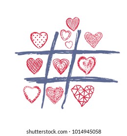 Tic tac toe game, valentines day love background. Hand drawn cross-zero with doodle heart, arrows and lips, color vector illustration. Romantic happy holiday design