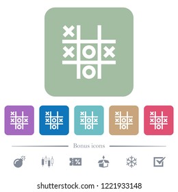 Tic tac toe game white flat icons on color rounded square backgrounds. 6 bonus icons included