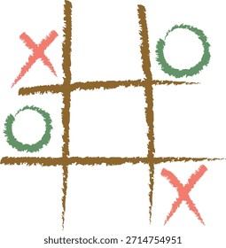 Tic tac toe grid con trazos de pincel toscos X y O marcas, textura dibujada a mano y cuadrados vacíos. Concepto de estrategia, victoria, elección y lógica de juego. Ilustración vectorial de dibujos animados.