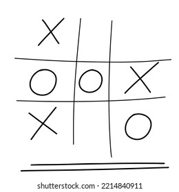 Tic tac toe. Hand drawn sketch tic tac toe kids game. X-O children game. Win in tictactoe. Vector doodle illustration on white background.