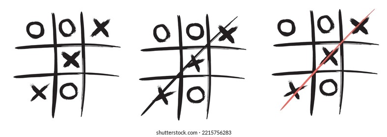 Tic tac toe in hand drawn style with brush and ink. three models of black line tic tac toe. Vector illustration isolated on white background.