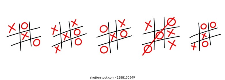 Tic tac toe. Hand drawn sketch tic tac toe kids game. X-O children game set. Win in tictactoe. Vector doodle illustration on white background.