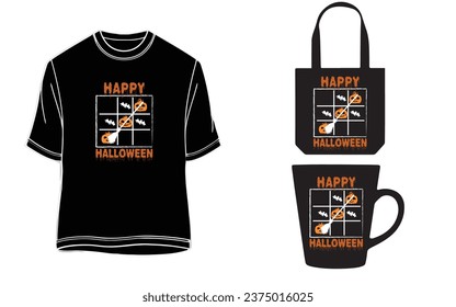 Tic tac toe Happy Halloween Unisex t-shirt, tote bag and mug design.